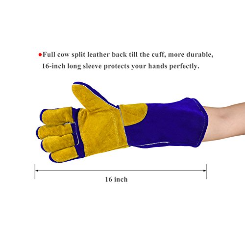 Welding Gloves Lined Leather Extreme Heat Resistant Double Insulation For Mig, Tig Welders, BBQ, Gardening, Camping, Stove, Fireplace and More - 16 in, Blue - Thumbnail 2