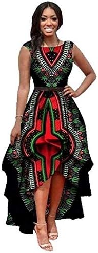 Yeshire Womens African Print Sleeveless High Low Dashik Formal Prom Peplum Flare Midi Party Dress