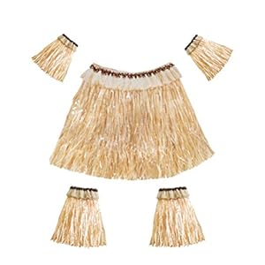 Amosfun Conjunto de Falda de Hierba Hawaiana Bandas para Brazos y piernas Traje elástico Accesorio para Fiesta Rendimiento Traje 5pcs (Color de Paja)