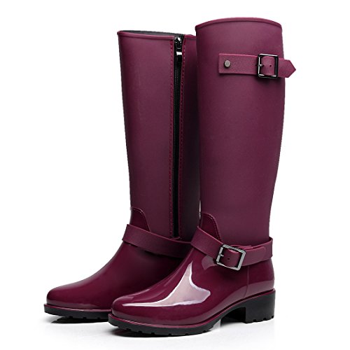 Omgard Women Rubber Rain Boots Mid Calf Waterproof Wellies High Knee Rainboots Shoes Purple Size 7
