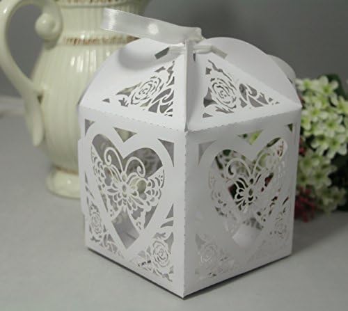 KAZIPA Laser Cut 4'' x 4'' x 4'' Favor Boxes, 12PCS White Treat Boxes, Take Out Gift Boxes for Regular Cupcake, Cookies, Pastries, Candy Apple and Small Gifts - White