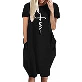 Rfecccy Faith Printed Oversize Short Sleeve Causal T-Shirt Dresses with Pockets for Women