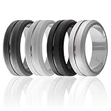 ROQ Silicone Wedding Ring for Men, Set of 4 Elegant, Affordable Silicone Rubber Wedding Bands, Brushed Top Beveled Edges -Black, Grey, Silver, Light Grey - Size 7
