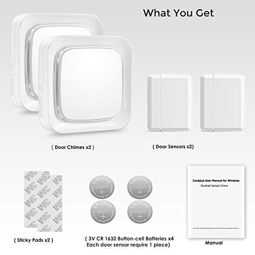 Door Sensor Chime Entry Alarm Wireless System for Home Security, Coolqiya Door Open Bell Alert Kit 600FT Operating Range With 4 Volume Levels, 2 Door Sensors + 2 Plug-in Receivers(White)