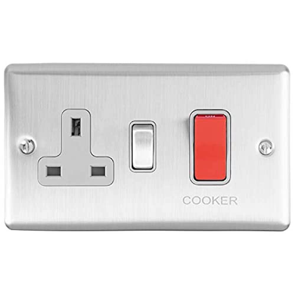 Enhance Decorative 45A Switch with a Socket Satin Stainless Finish With Grey Trim