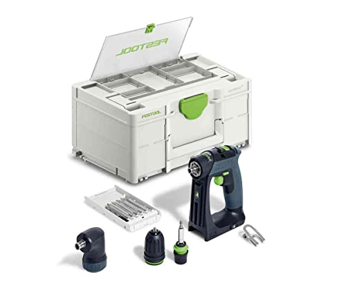 Festool – Akku-Bohrschrauber CXS 18-Basic-Set inkl. Magnet-Bithalter + Werkzeugfutter + Winkelvorsatz + Schnellspannbohrfutter + Bitkassette + Bit + Guertelclip + Systainer SYS3 DF M 187