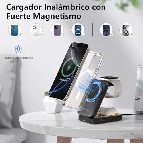 Cargador Inalámbrico,3 en 1 Estación de Carga para iPhone 17 16 15 14 13 12 Pro Max Apple Watch y AirPods,15W Cargador Rápido para iPhone,Luz,33W Adaptador,Regalos para Hombre Mujer (Negro-1)