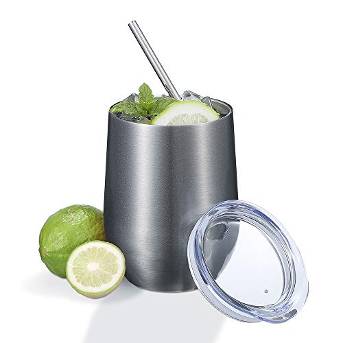 2 Pack 12 oz Wine Tumbler with Lids, Double Wall Vacuum Insulated Stainless Steel Stemless Wine Glass, Travel Coffee Mug Cup for Wine, Drinks, Champagne, Cocktails (Include Straws & Brush) (Silver) - Thumbnail 2