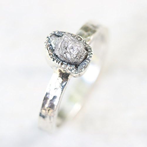 Teardrop gray rough diamond ring in silver bezel setting with sterling silver hammer textured oxidized band
