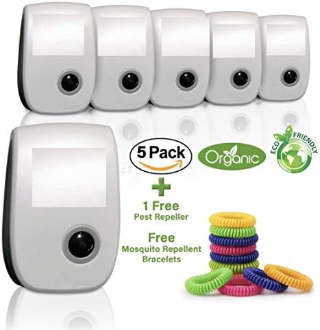 Ultrasonic Pest Repeller | Pest Control | 2019 UPGRADED |Mice, insects, Ants, Spiders, Roaches, Rodents, Mosquito,| Pack of 5 | Plus 1 Extra FREE Repeller and FREE Anti-Mosquito Repellent Bracelets.