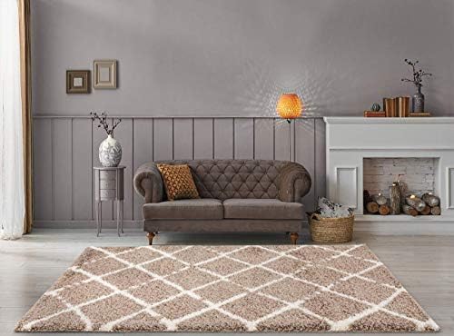 DIANA DN1007 Shag Rug MOCHA BEIGE MARROCIAN STYLE broken OFF WHITE TRELLIS Soft Touch Shaggy Thick Luxurious Rugs 5cm Dense Pile Rug (MOCHA BEIGE, 120cm x 170cm 3,9ft x 5,6ft)