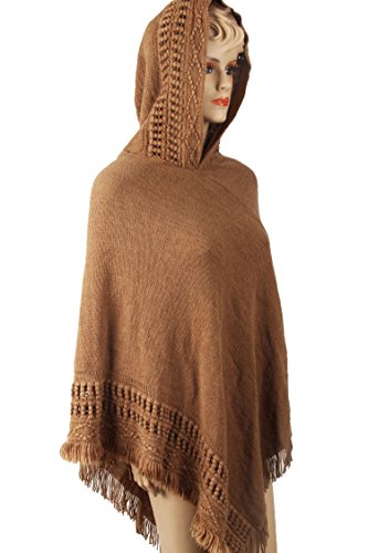 Pink Queen Women's Hooded Cape with Tassel Hem Knit Poncho Shawl Pullover Sweater Camel One size for S/M/L/XL