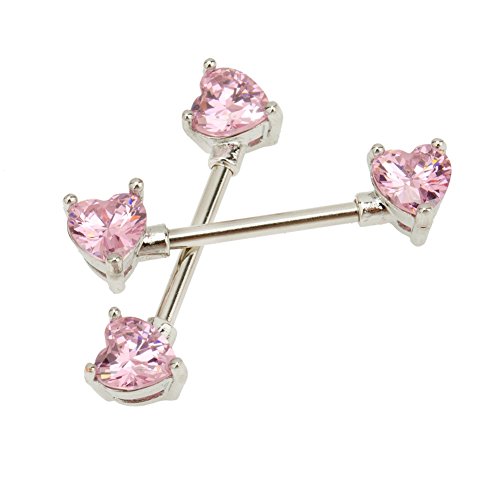 Jewelry Set Kit Lot of 2pcs 316L Surgical Steel 14 Gauge Nipple Piercings Barbells Shields Rings Nipplerings With Pink Heart Shaped Rhinestones Crystals Closures