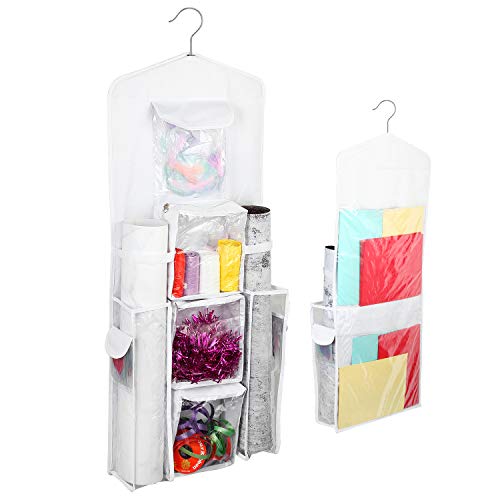 Hanging Gift Bag Wrap Organizer Wrapping Paper Rolls Holder Storage Double-Sided Pockets 40 x 16 Inch Tearproof & Space Saving Closet Gift Bag Organization for Birthday Party Christmas (White) - Thumbnail 6