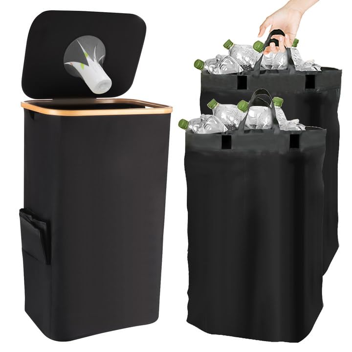 105L Recycling Bins with Flip Top,Recycling Bin for Kitchen Home,Separate Recycling Waste Bags with 2 Bags, Recyclable Waste Trash Sorting Organizer for Collecting Empties,Deposit Bottles (Black)