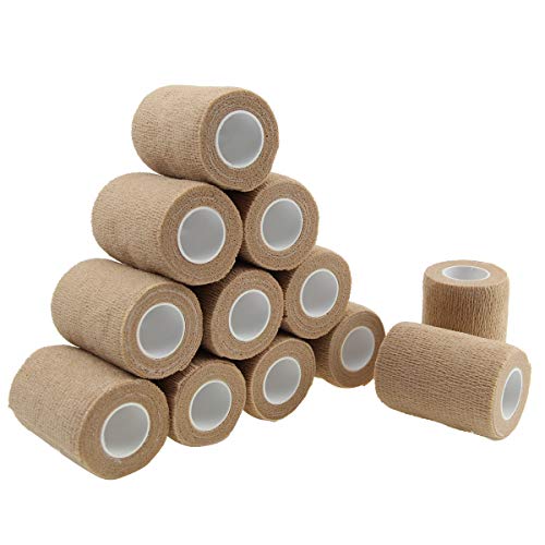 MUEUSS Self-Adhesive Bandage Wrap Tape Waterproof Breathable Elastic Cohesive Non-Woven FDA Approved 3 Inches x 5 Yards (Beige, 12 roll)