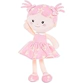 Onetoo First Baby Doll Plush Baby Girls Dolls Rag Doll Soft Baby Doll for Girls Sleeping Cuddle Buddy Doll Wear Star Pink Sleeveless Dress 14"