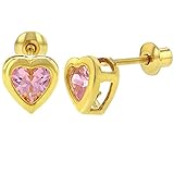 18k Yellow Gold Plated Heart Bezel Hot Pink Crystal Screw Back Stud Children's Earrings