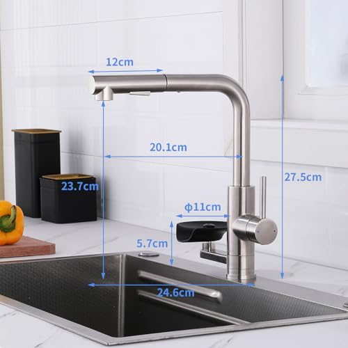 LakeBayMZC Kitchen Faucet, 360° Rotatable Extendable Kitchen Faucet, Double Jet Mixer, Brushed 304 Stainless Steel, for Kitchen Sink
