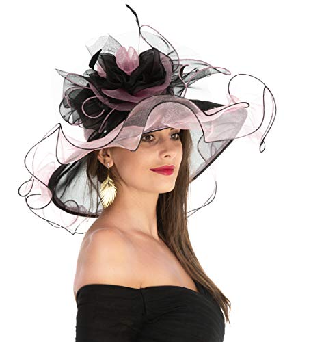 Women's Organza Church Kentucky Derby British Fascinator Bridal Tea Party Wedding Hat Summer Ruffles Cap（Rose Black Line） - Thumbnail 3