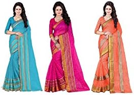 Areum Sky Blue , Pink &amp; Orange Colored Poly Cotton Woven Work 3 Saree Combo For Women