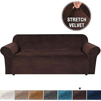 H.VERSAILTEX Real Super Velvet Plush Sofa Cover/Slipcover with Extra 2 Straps (1 Piece Style) Rich Velvet High Stretch Slip Resistant Stylish Furniture Cover Couch Covers for 3 Seat (Large, Brown)