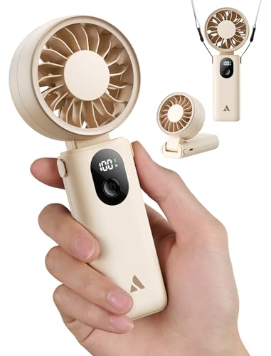 Aecooly Mighty Portable Handheld Fan, 3-in-1 Powerful Hand Fan Rechargeable [20H Max Cooling Time], 5-Speed Digital Display, Mini Personal Hand Held Fan for Summer, Travel, Gifts for Women - Beige