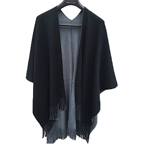 Vipe Women Poncho Cape Reversible Shawl Wrap Tassel Cardigans Sweater Coat (Black & Grey)