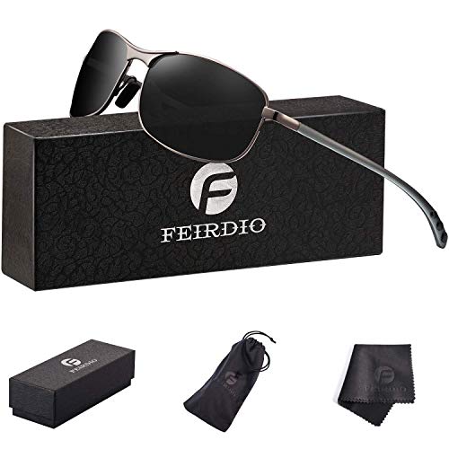 Rectangular Sport Polarized Sunglasses for Men - Feirdio Mens Sunglasses Sports Metal Frame 100% UV protection 2268 ((black/gun, 2.24)