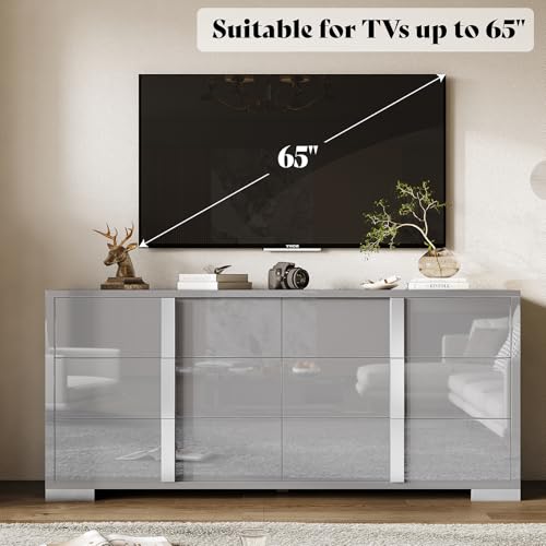 Jocisland 54" W High Gloss 6 Drawers Dressers with Silver Grooved Handles, Modern Storage Chest of Drawers with Wide Tabletop, for Bedroom/Dressing Room/Living Room, Grey