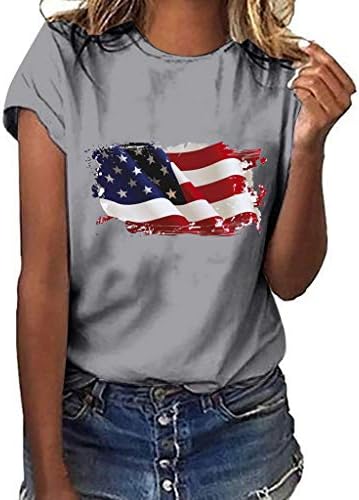 Independence Day US Flag T Shirts Womens Loose Short Sleeve Tees Plus Size Summer Blouse Tops Pocciol