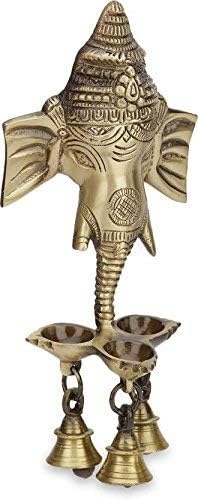 Indian Accent Ganesh Head Wall Hanging Three Diya Oil Lamp with Bells