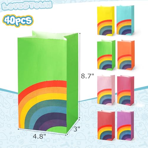 LovesTown 40PCS Rainbow Party Favor Bags, Gift Paper Bags Candy Treat Bags 8 Colors Goodie Bags for Party Supplies
