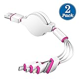(2 Pack) Multi Charger,KINGBACK Retracrable 4 in 1 Multiple USB Cable Adapter Connector with Type C/Micro USB/8 Pin Lighting/30 Pin for iPad,iPhone 7 Plus,Andriod,and More (White/pink)
