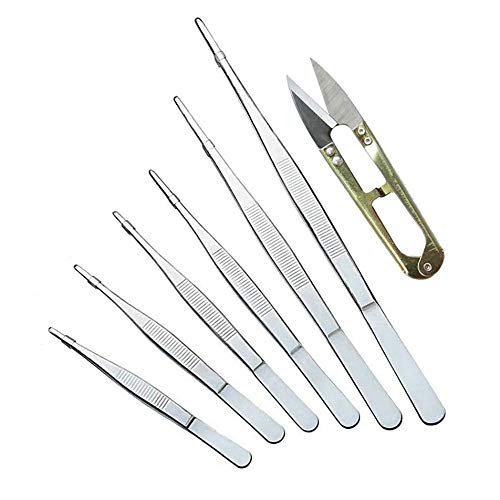7Pack Stainless Steel Long Straight Tweezer Set, Tongs with Serrated Tips for Electrical Repair,Hobby Crafts,Kitchen,Home,Grass Garden Bonsai Plant Picking Tool