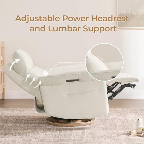 CHITA Power Recliner Chair, Electric Triple-Motor Swivel Glider Nursery Rocking Chair with Adjustable Power Headrest and Lumbar Support, Solid Wood Base, Linen