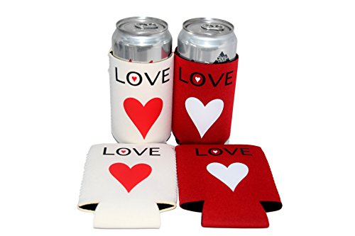 QualityPerfection Set Of 2- Hearts and Love - Red and White - Neoprene Can Cooler Sleeve Collapsible Beer Coolies Insulation with Stitches Good 4 Couples,Weddings Day