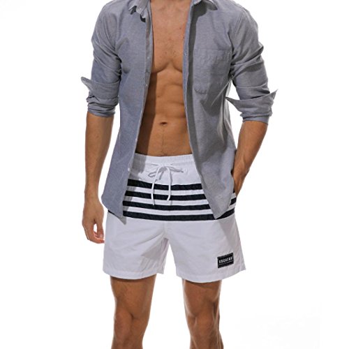 DEATU Swimwear Sports Men's Comfy Quick Dry Stripe Beach Shorts Bermudas Trunks Board Pants (M, White) - Thumbnail 2