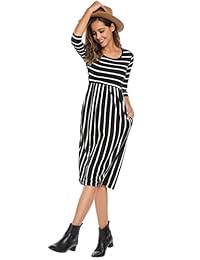 Vestido casual con bolsillo y mangas 3 4, con cintura elástica y diseño de rayas para dama.