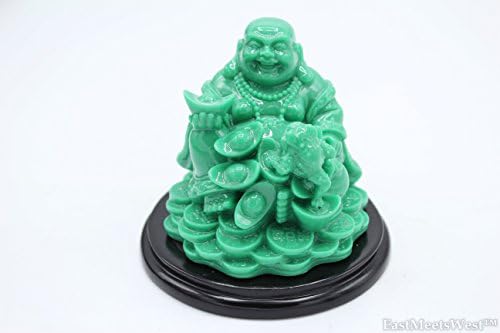 EastMeetsWest Chinese Jadeite Feng Shui Lucky Happy Laughing Buddha with Three Legged Money Frog Toad on Wood Base