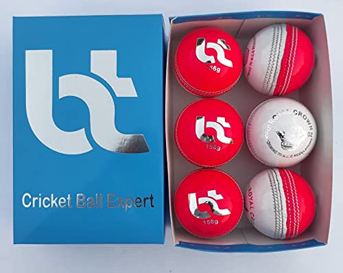 BT White/Pink Cricket Ball - Pack of 6 Genuine Leather Cricket Balls for International Standard Cricket and Practice | Bat-Friendly Hard Cricket Ball Made from Sustainable Sources | 156g 2 Piece