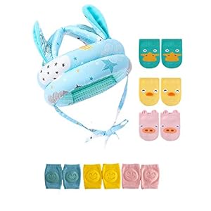 JunNeng Baby Walker Head Helmet Toddler Head Protector Bumper Bonnet with Knee Pads&Anti-Slip Socks (Blue Cloud)