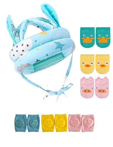 JunNeng Baby Walker Head Helmet Toddler Head Protector Bumper Bonnet with Knee Pads&Anti-Slip Socks (Blue Cloud)