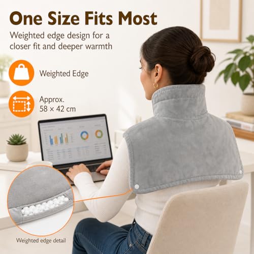 CoreBazz Electric Heating Pad for Neck and Shoulder with 6 Heating & 4 Timer Settings,Fast Heating Large Size Heated Wrap with Auto Shut Off & Machine Washable (Silver Gray, 58x42 cm)