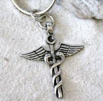 Pixel Jewelry 1985 - CADUCEUS MEDICAL NURSE DOCTOR Pewter KEYCHAIN Key Ring