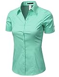 Doublju Womens Short Sleeve Cotton Spandex Button Down Shirt