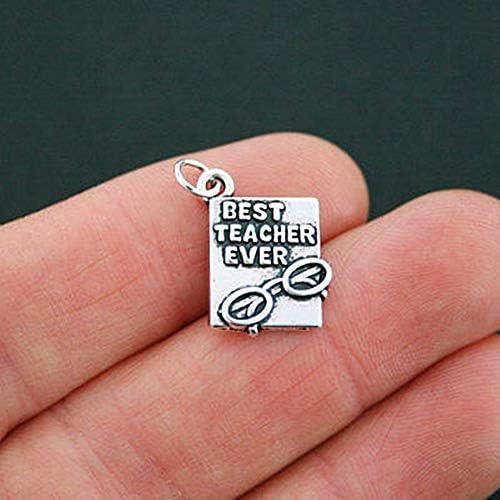 2 Teacher Charms Antique Silver Tone Best Teacher Ever Pendant Jewelry Making Supplies Craft DIY Kit