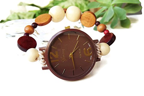 Brown wooden stretch watch bracelet women Wood pearl wristwatch Ladies unique gift