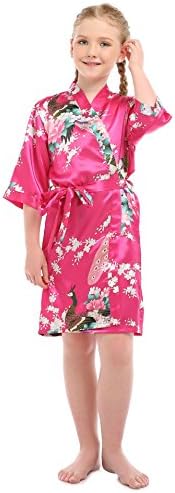 Girls'Peacock Satin Kimono Flower Robe For Spa Party Wedding Birthday(8,Fuchsia)
