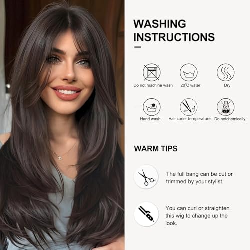 OUFEI 20 Inches Long Straight Dark Brown Gradient Synthetic Hair Wigs with Fringe for Women Daily Use for Party
